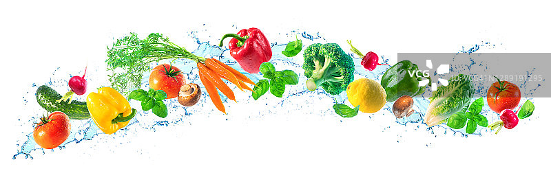 新鲜的蔬菜和水溅在全景背景图片素材