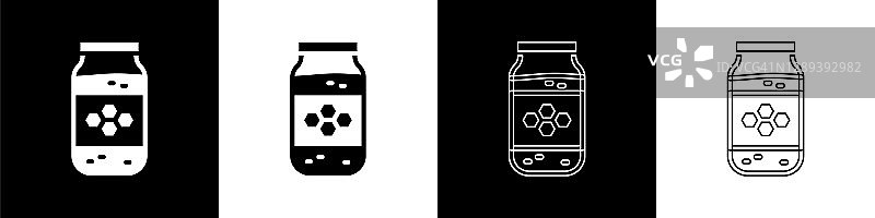 设置Jar的蜂蜜图标隔离在黑色和白色的背景。食物银行。甜天然食品的象征。向量图片素材