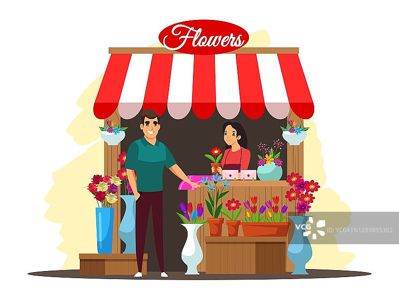 女售货员在街头小店卖花束。买家购买鲜花。季节性户外当地农贸市场。向量概念零售企业、小企业、民营企业、健康食品。图片素材