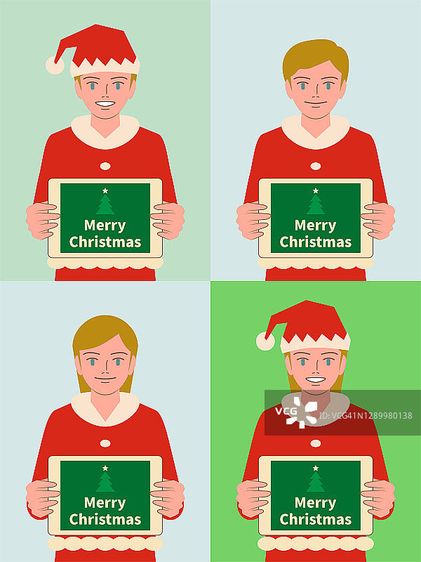 美丽的孩子们(男孩和女孩)穿着圣诞老人的衣服，微笑着拿着显示圣诞祝福的数字平板电脑屏幕图片素材