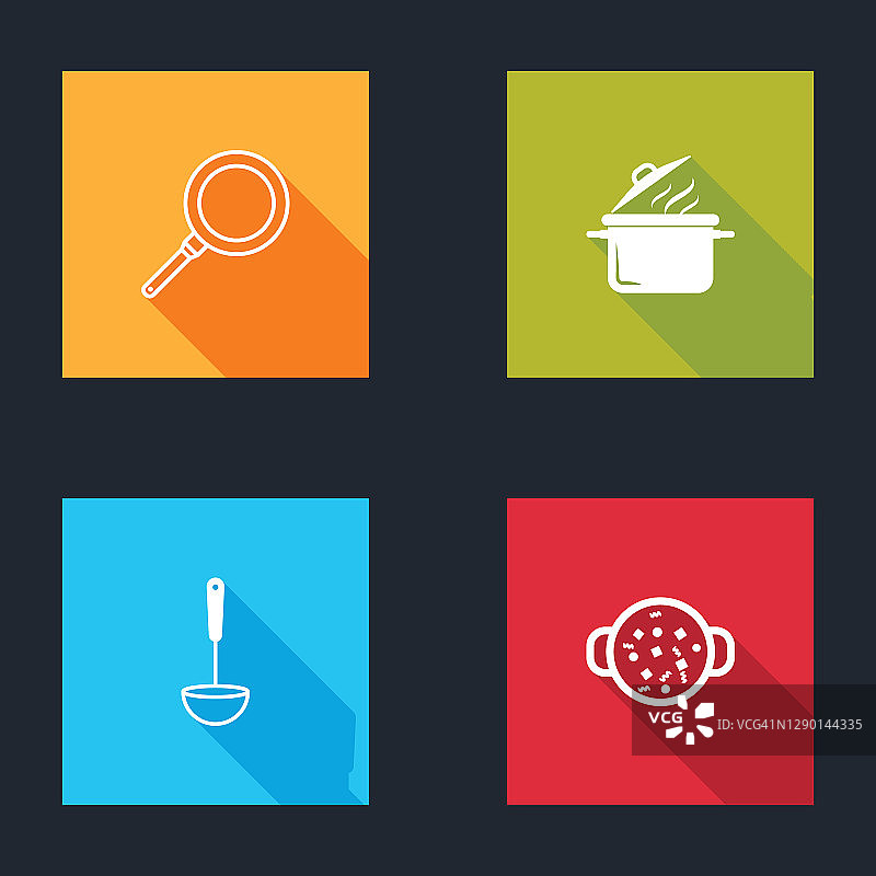 装煎锅，煮锅，厨房勺和汤图标。向量图片素材