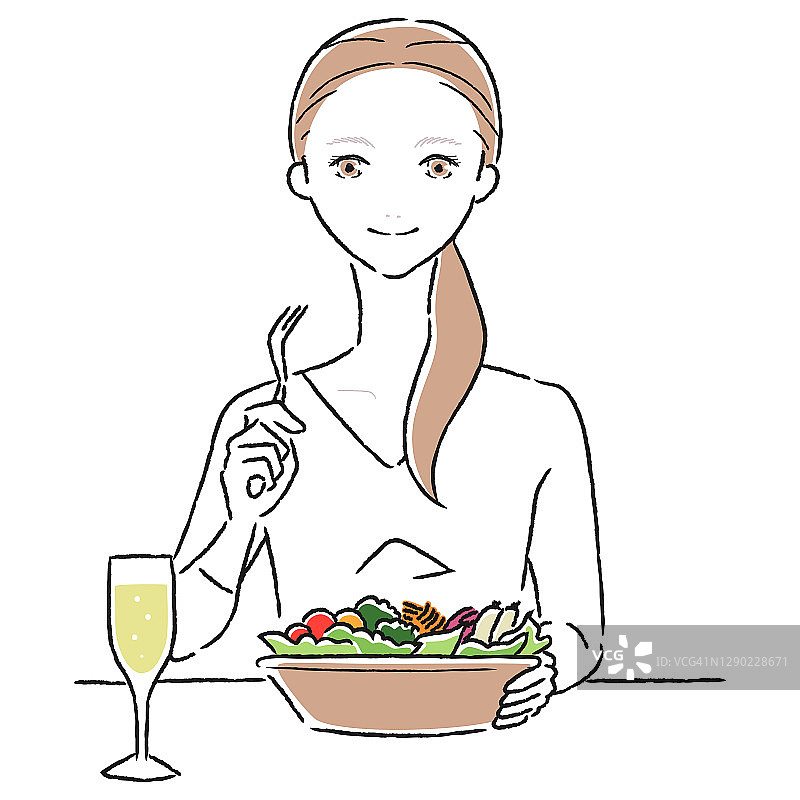 一个年轻女子的画像。一个健康的女人在碗里吃很多蔬菜沙拉。图片素材