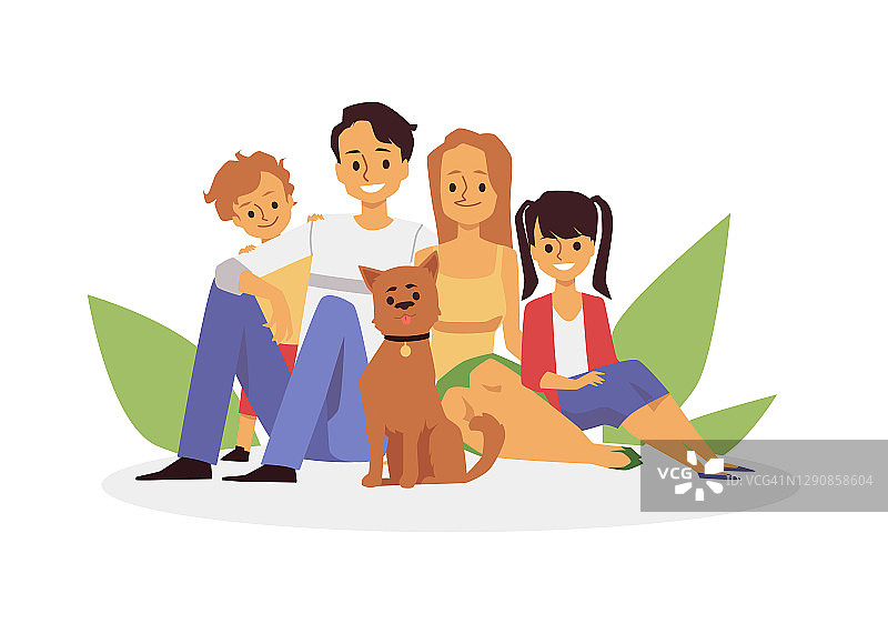 快乐的卡通家庭与狗孤立在白色的背景。图片素材