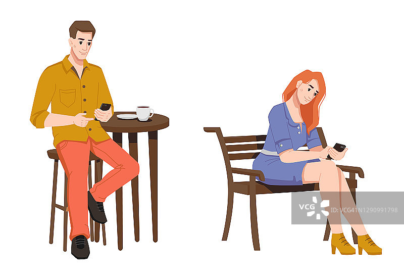 人们在公共场合使用智能手机，在公园里，女人坐在长椅上，男人在咖啡桌旁喝着咖啡。矢量成年男女在户外用手机聊天的自由职业者图片素材