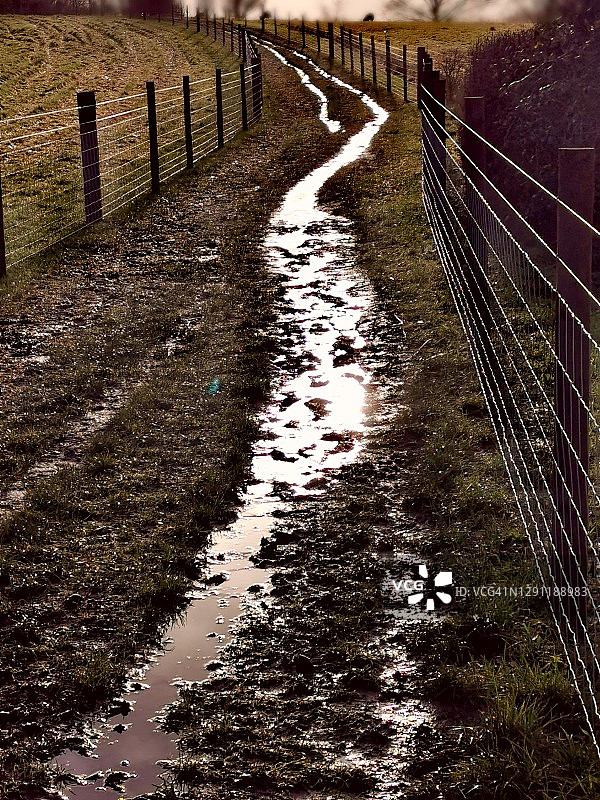 英格兰萨里的一条满是泥和水坑的土路图片素材