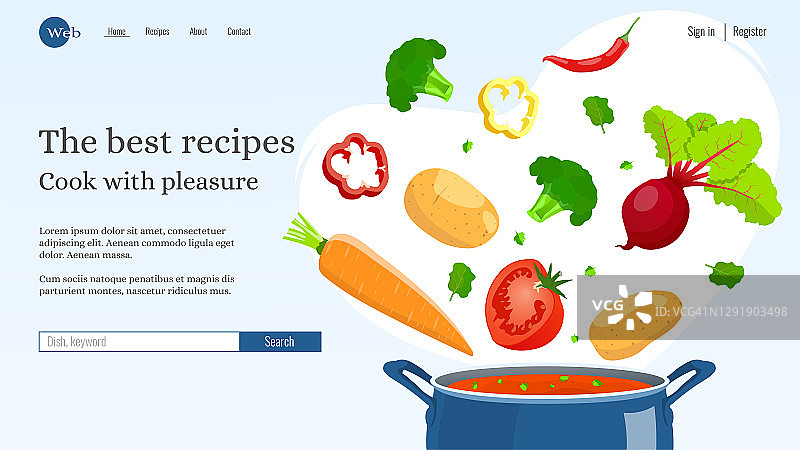 网站设计，潘与汤和蔬菜飞。食谱，自制食物，食物准备概念。图片素材
