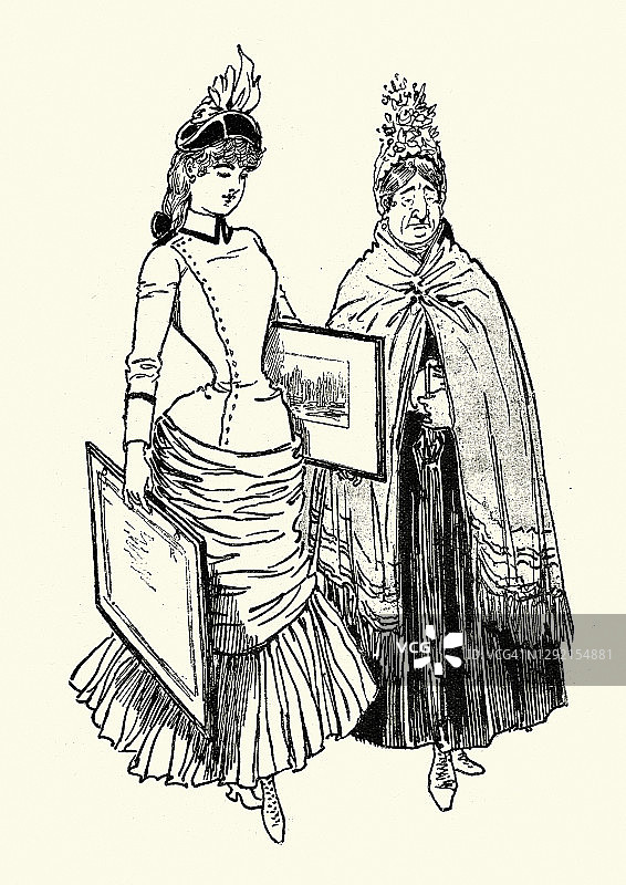 年轻女子和她的母亲购买维多利亚19世纪的艺术品图片素材