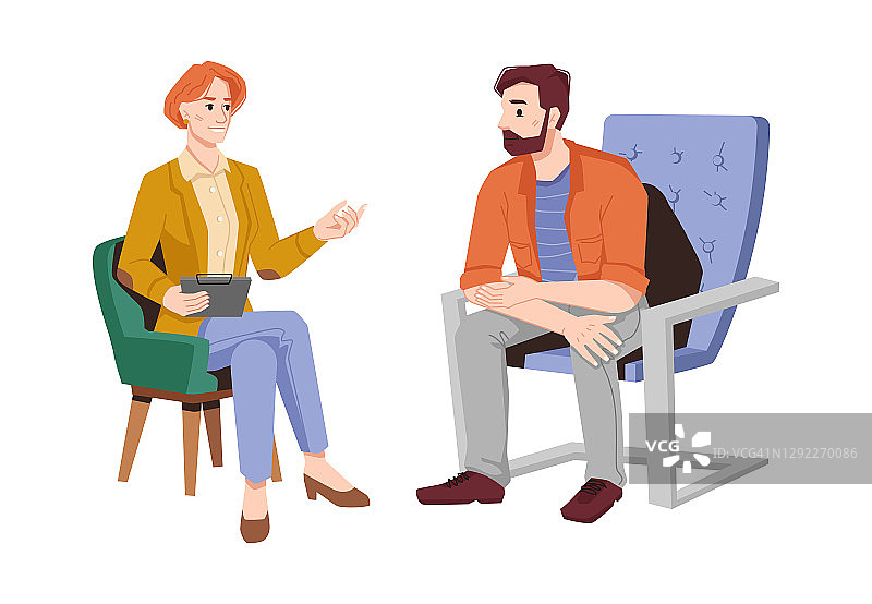 心理学家给坐在扶手椅上孤立的平面卡通人物病人提供建议。女心理医生正在和大胡子男进行心理治疗。与沙发讨论心理问题图片素材