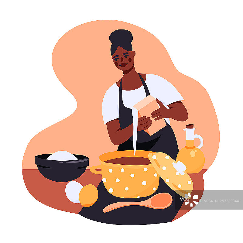 非裔美国妇女准备美味的菜肴卡通插图。图片素材