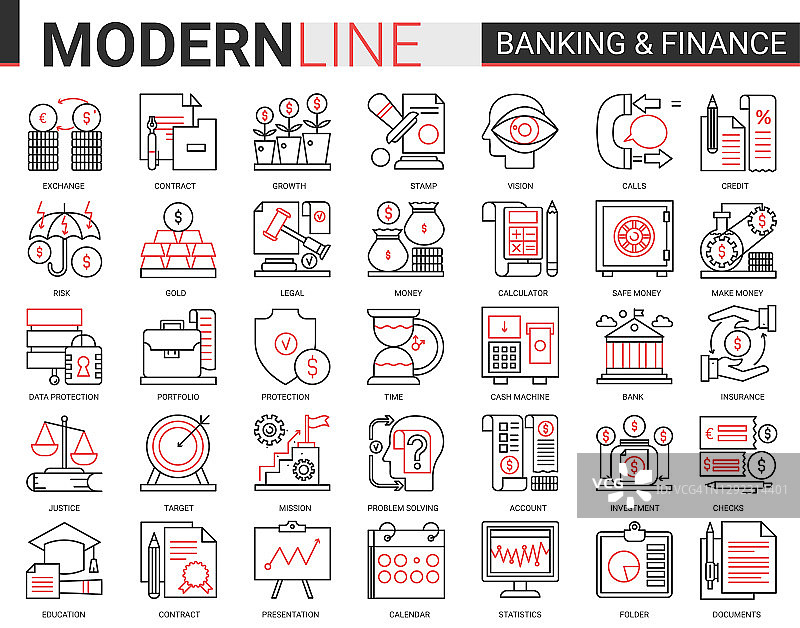 金融和银行复杂的红黑线图标矢量插图集。创意网站金融大纲符号数字银行软件、法律保险和网络安全业务集合图片素材