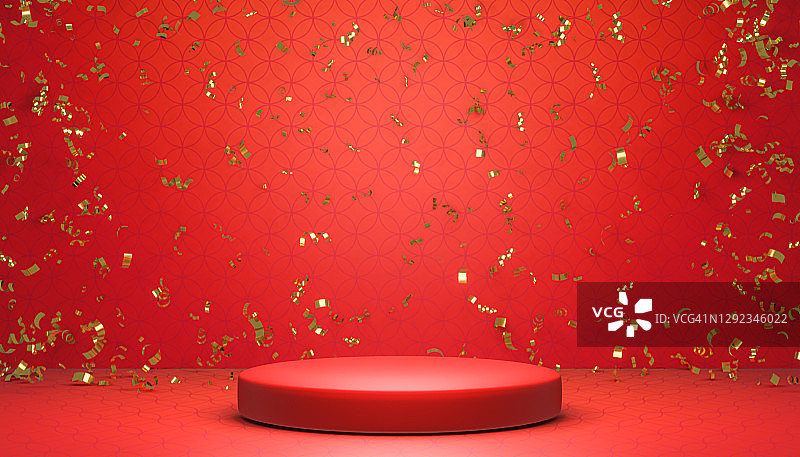 3d渲染金色五彩纸屑和红色舞台讲台上的中国纹理背景。产品展示平台，红色背景，广告模拟设计图片素材