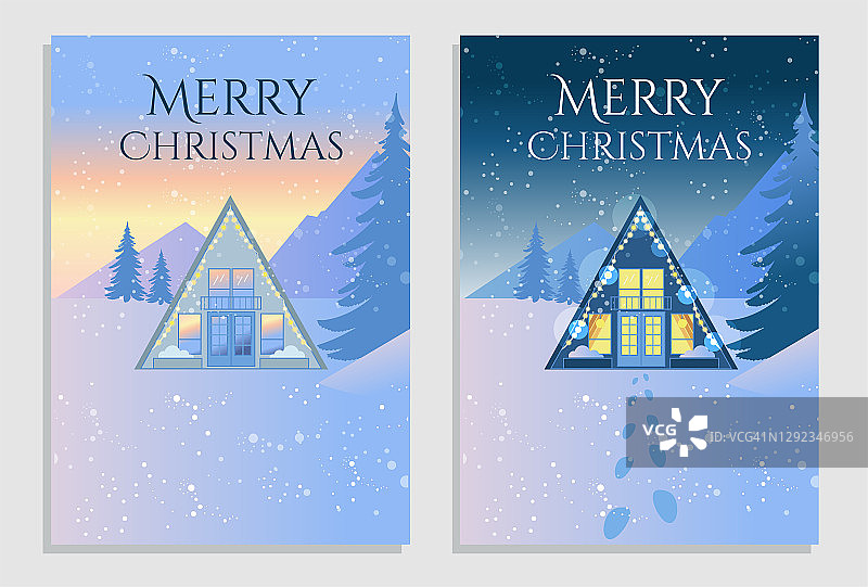 一套漂亮的圣诞和新年贺卡。小房子三角形的形状在山上在下雪的晚上和早上。明信片、海报或横幅的矢量插图。图片素材