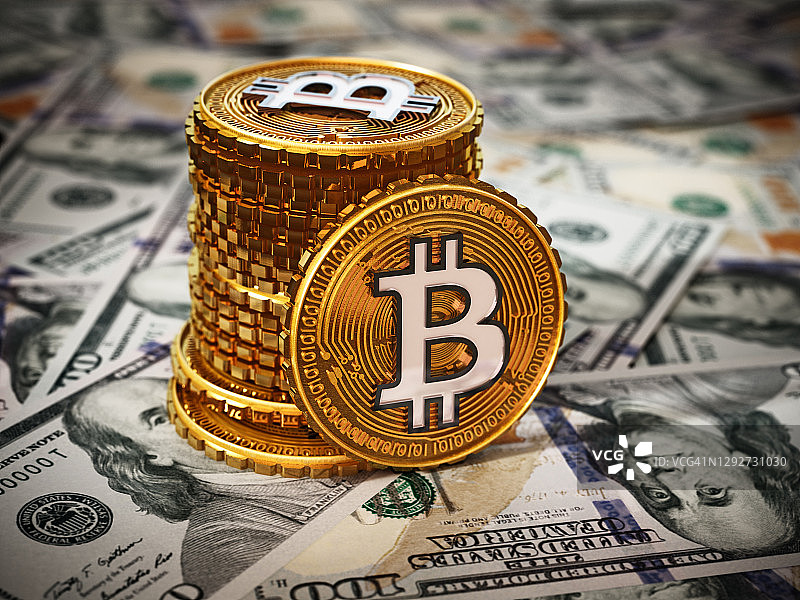 虚拟的加密货币硬币堆叠在美元钞票上的3D插图。通用的硬币设计图片素材