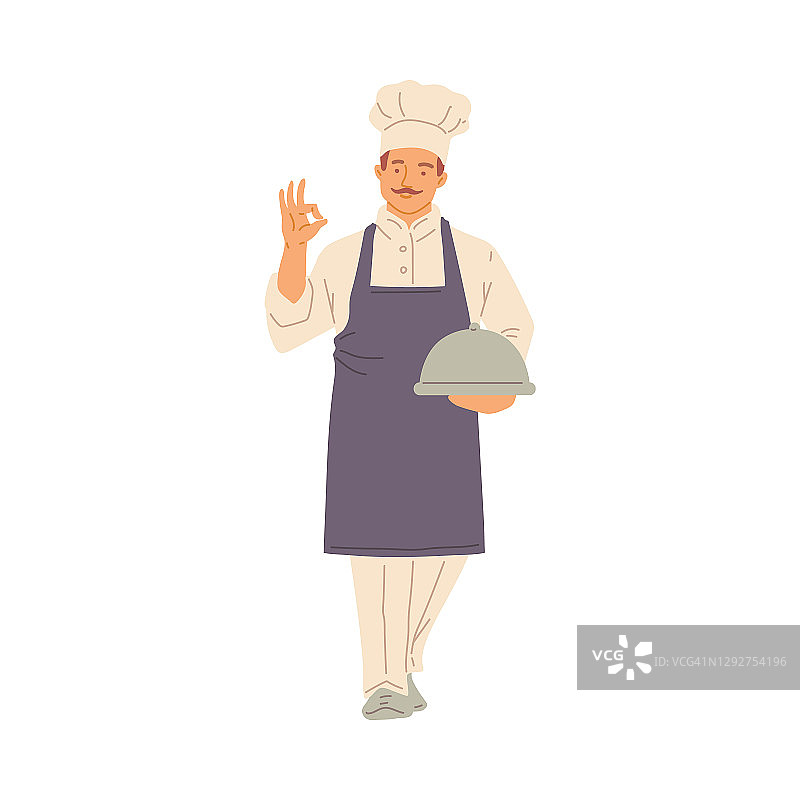 意大利厨师在传统的白色制服与菜在手中矢量插图图片素材