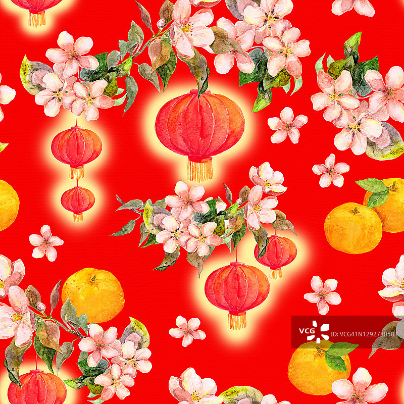 枝头橘子果，红纸灯笼。中国贺年卡。水彩图片素材