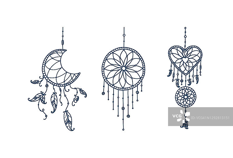 波西米亚捕梦网，带着羽毛和箭。绘有新月、心形和圆形的捕梦网。矢量图图片素材