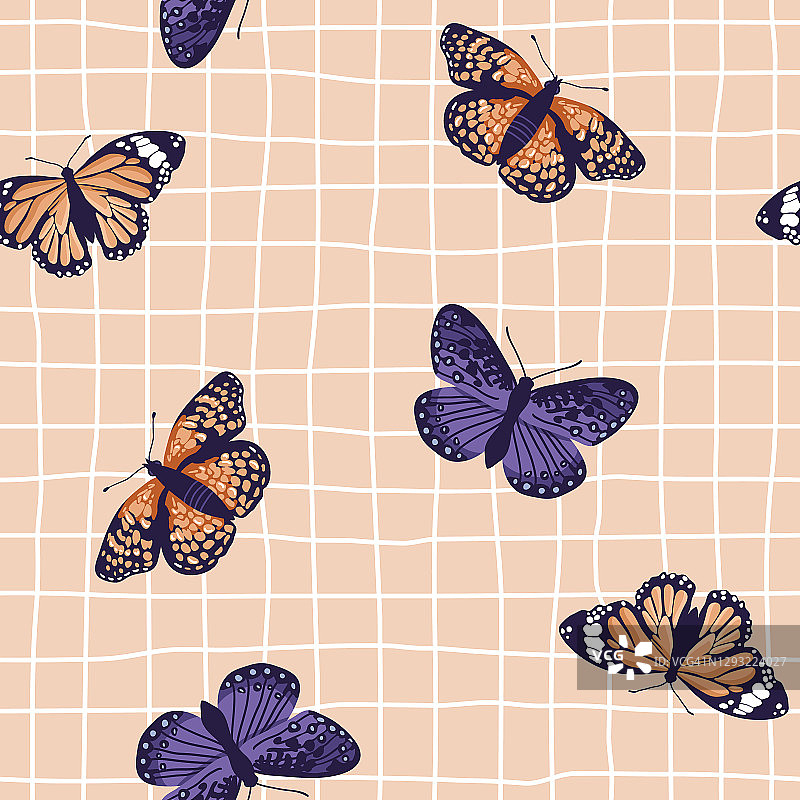 矢量无缝模式与明亮的复古蝴蝶。手绘纹理设计图片素材