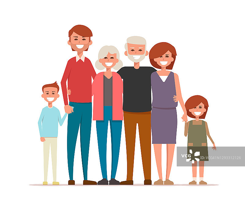 一个幸福的大家庭站在一起。向量平幸福家庭概念孤立上白。图片素材