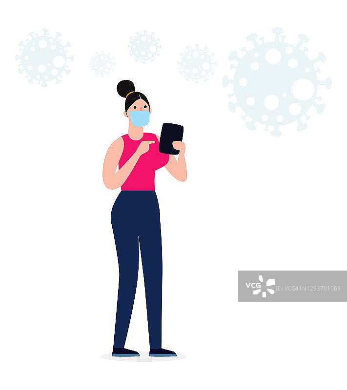 新常态生活理念年轻女性佩戴医用口罩抗击2019冠状病毒使用智能手机，社交媒体冠状病毒概念矢量插图设计孤立在白色背景上图片素材