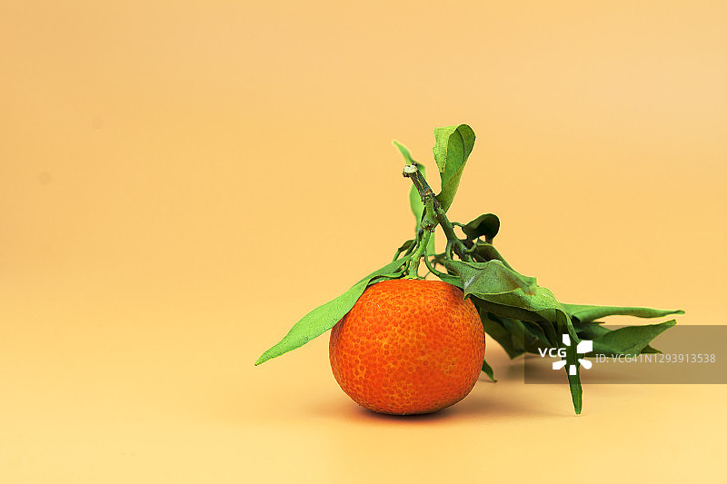 一个有着绿色叶子背景的橘子。图片素材