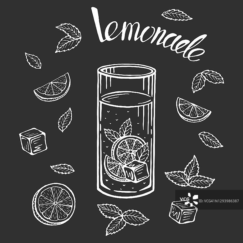 装柠檬水的玻璃瓶，自制柠檬水素描，夏日插图。手绘柠檬，柠檬片，吸管。柠檬水上的铭文图片素材