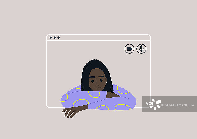 视频通话框架，在家工作的概念，社会距离，一个年轻女性黑人角色使用在线技术与朋友，家人或同事联系图片素材