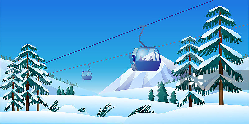 冬季高山景观背景上的索道图像。图片素材
