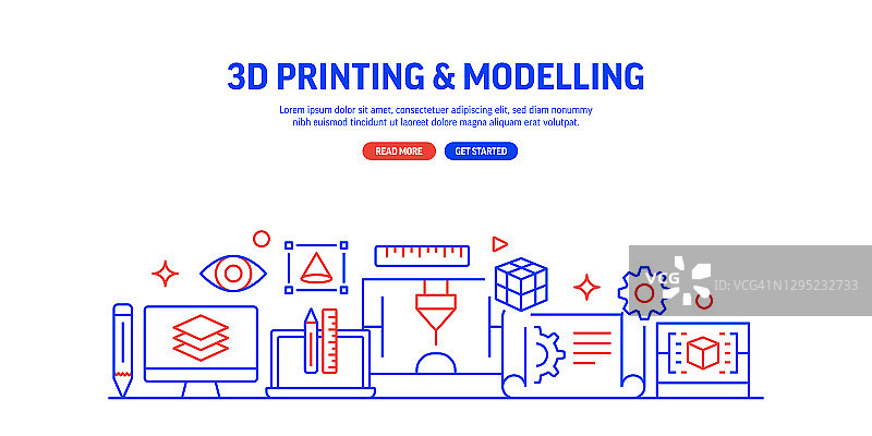 3D打印技术相关流程信息图表设计，线性风格矢量插图图片素材