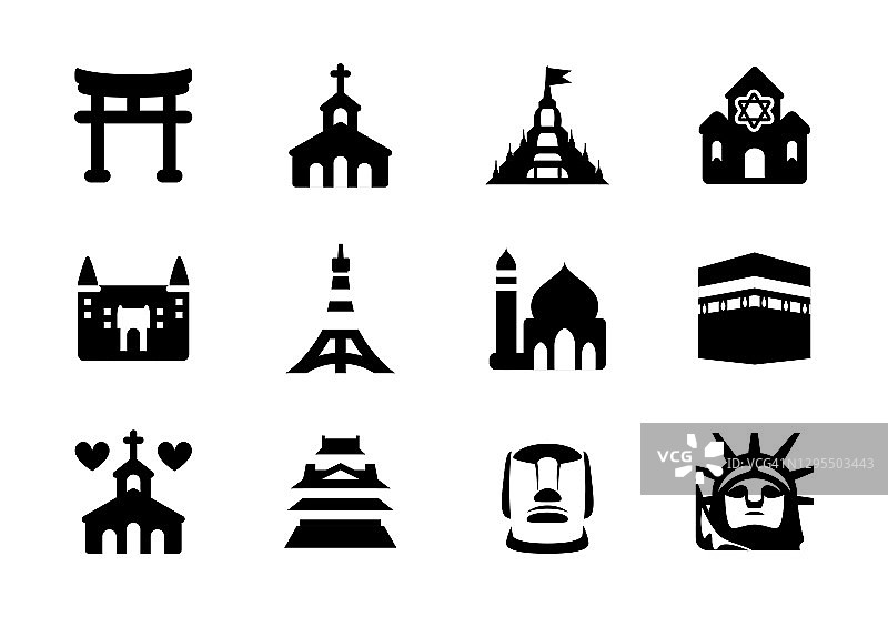 宗教建筑矢量插图图标集。清真寺，教堂，寺庙，克尔白孤立的符号收集图片素材
