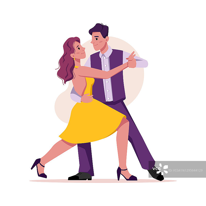 跳舞的人在俱乐部或派对现代舞孤立的平面卡通人物。矢量女人在黄色连衣裙高跟鞋和男人在紫色西装迪斯科娱乐，时尚的复古舞者图片素材