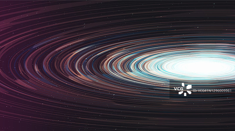 星系背景中的闪亮螺旋黑洞。行星和物理概念设计，矢量插图。图片素材