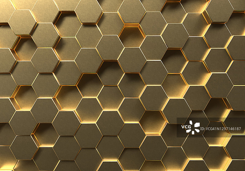 金色六边形蜂窝运动背景。黄金抽象艺术和几何概念。三维插图渲染平面设计图片素材