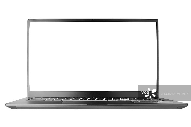 笔记本电脑与空白屏幕上的白色背景孤立的近距离正面视图，现代苗条的电脑设计，打开空显示，pc模型，工作室拍摄，复制空间图片素材