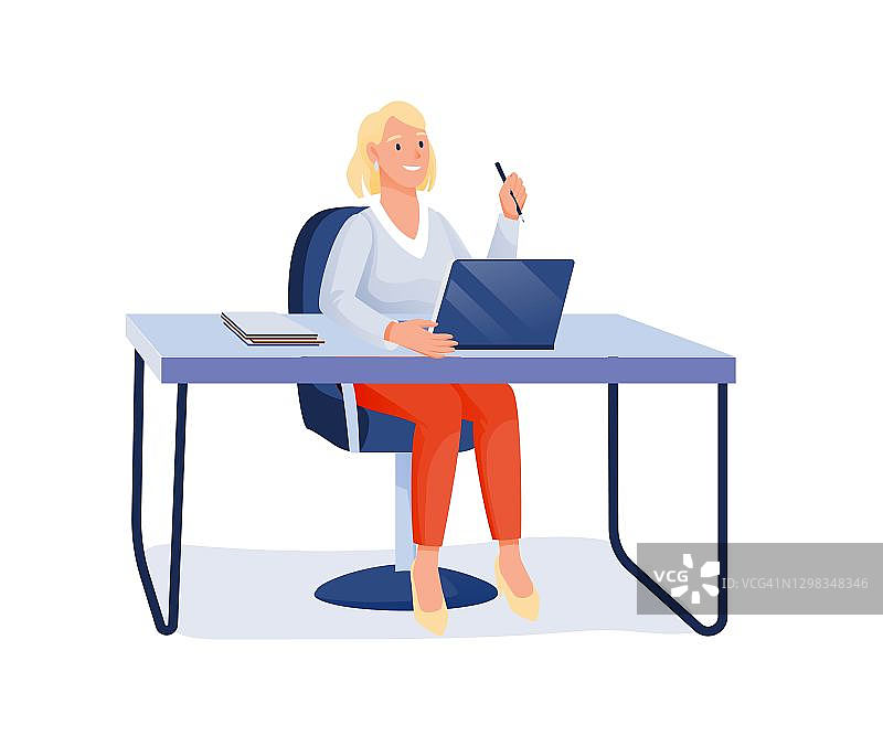 在办公室用笔记本电脑工作的女性。年轻的女孩坐在桌子旁边，用笔记本电脑，纸和笔在白色的背景上图片素材