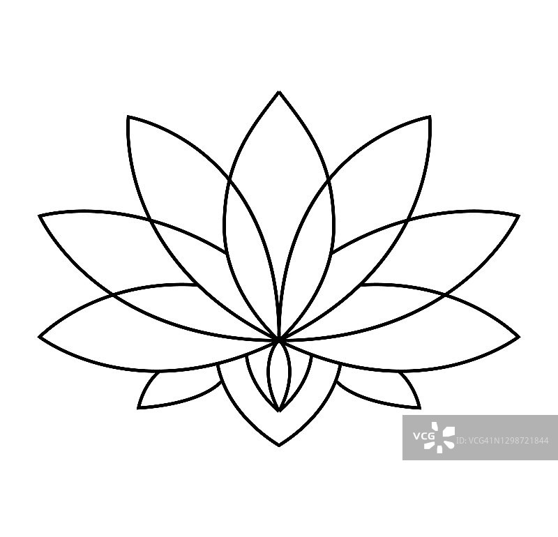 Lotus图标。单色盛开的花。手绘荷花插图孤立在白色的背景。黑色线形花瓣图片素材