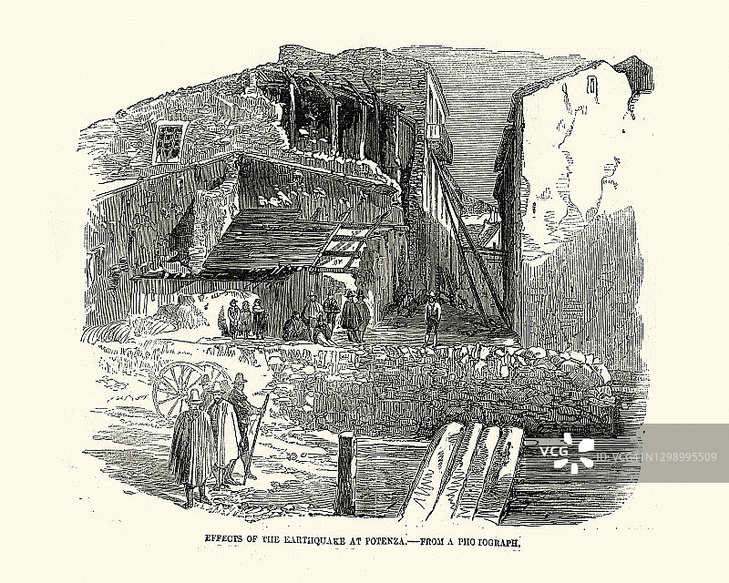 19世纪，1857年巴西利卡塔地震后，意大利波坦察的建筑遭到破坏图片素材