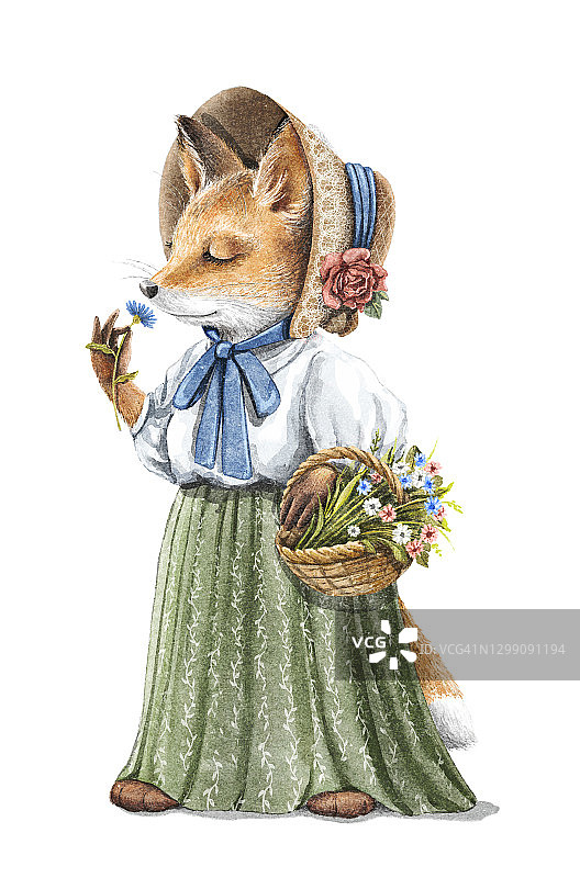 水彩复古卡通红发狐狸在裙子拿着花篮和嗅花图片素材