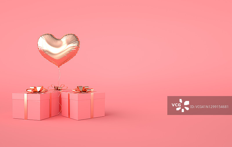 三维渲染的箔金色光泽的心脏气球，礼品盒与粉红色的背景金色蝴蝶结。情人节浪漫优雅的2月14日卡片。为派对、社交媒体宣传横幅和海报腾出空间。图片素材