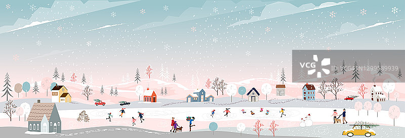 冬季景观在晚上与人们在新年做户外活动，向量城市景观在圣诞假期与人们庆祝，孩子玩冰鞋，青少年滑雪图片素材