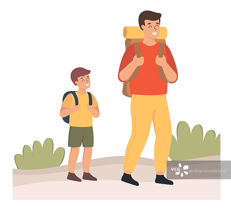 父亲和儿子在森林里徒步旅行。平面设计说明。向量图片素材