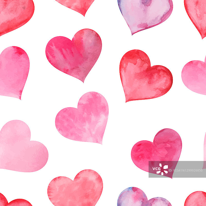 粉色水彩绘制心形无缝图案。情人节的彩色背景。向量图片素材