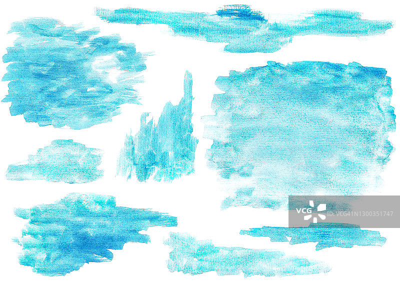 一套淡蓝色水彩污点孤立在白色背景图片素材