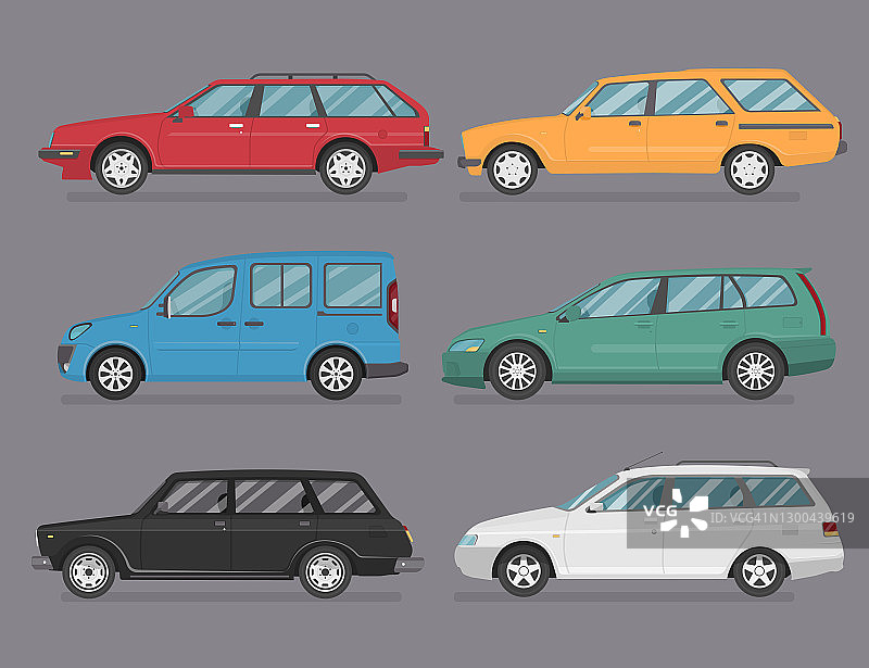 一组不同颜色的孤立的汽车。图片素材