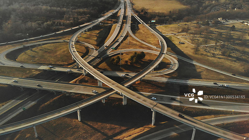 远景消失点空中立交桥交通视图在美国中西部公路运输摄影系列图片素材