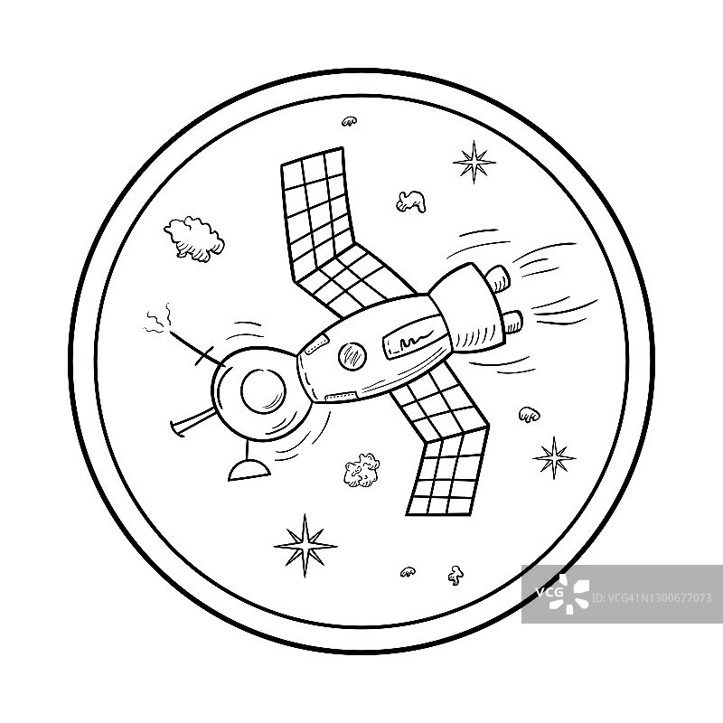 宇宙飞船、星星和小行星。一个涂鸦风格的空间物体。图片素材