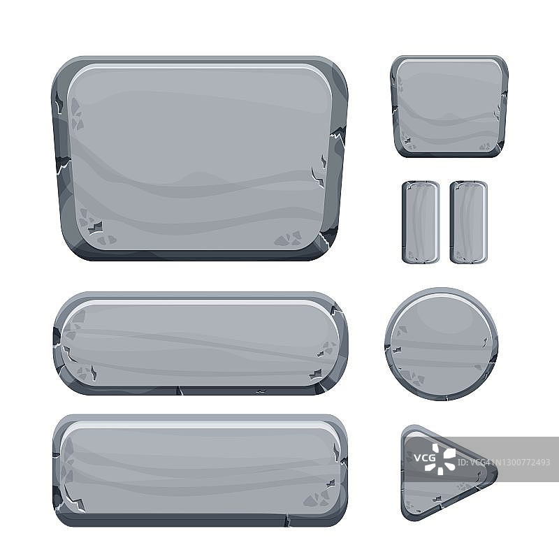 石头按钮收集，在卡通风格的岩石资产在白色背景孤立。矿物详细对象ui游戏界面，应用面板。图片素材