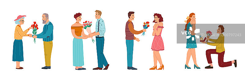 男人们给女人送花，孤立的男人向他求婚。约会和庆祝周年纪念日。拿着花束和订婚戒指的人。卡通人物，矢量平面风格图片素材