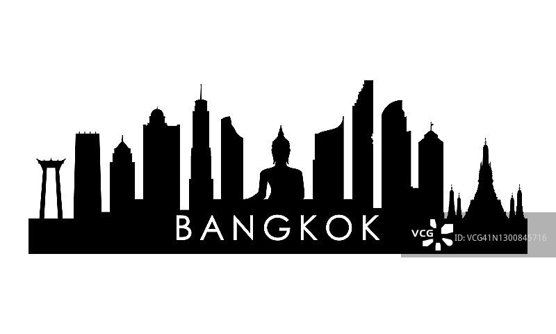 曼谷天际线轮廓。黑色曼谷城市设计孤立在白色背景。图片素材