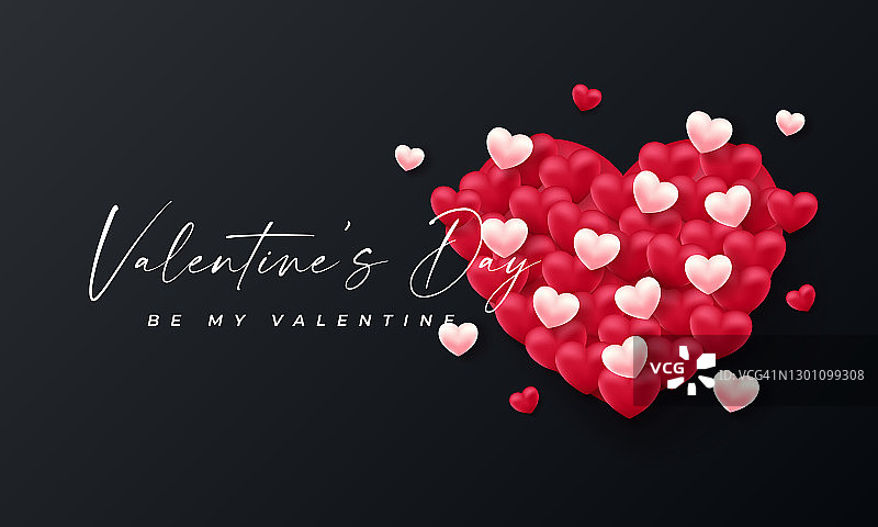 情人节3d心。可爱的爱情横幅，浪漫的贺卡，情人节快乐祝福文字，红心气球矢量概念图片素材