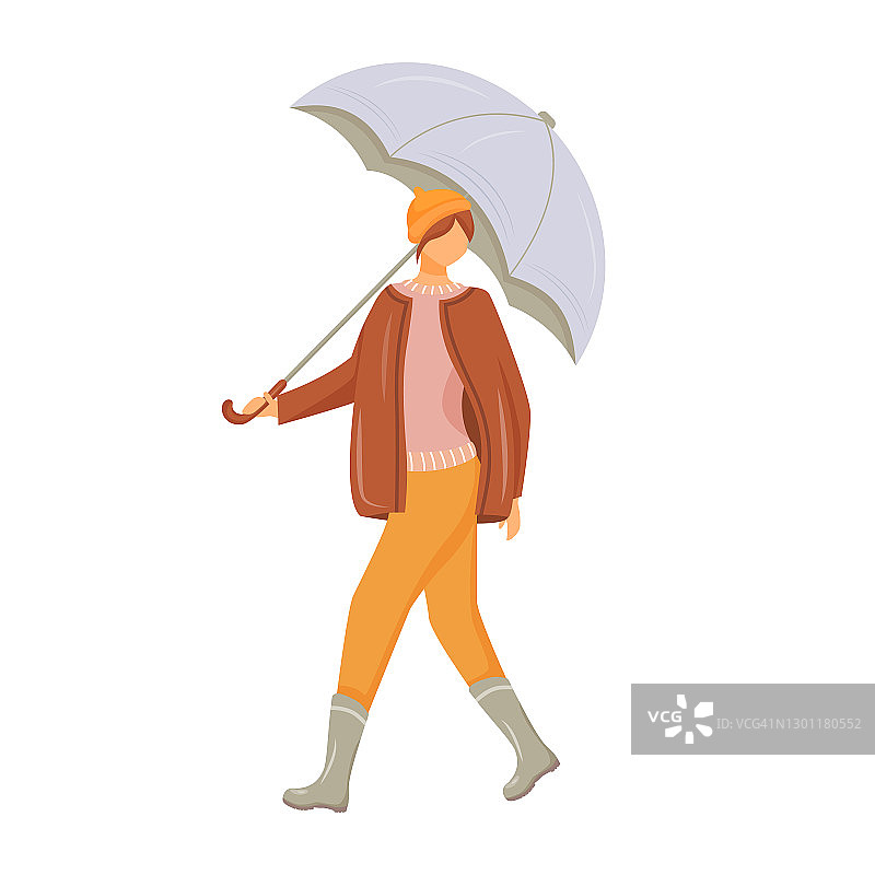 女人在套衫和夹克平颜色向量无脸的性格。穿着橡胶靴走路的白人女士。潮湿的天气。女性与雨伞手孤立的卡通插图上的白色背景图片素材